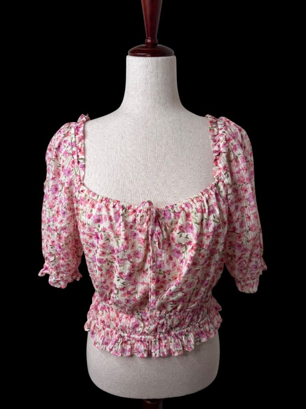Floral Smocked Peasant Top Puff Sleeves Ruffle Hem Lg Milkmaid Coquette Cotton